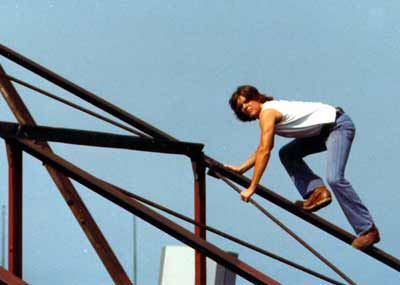 Dan Hanson climbing the lights on the roof of Cleveland Municipal Stadium